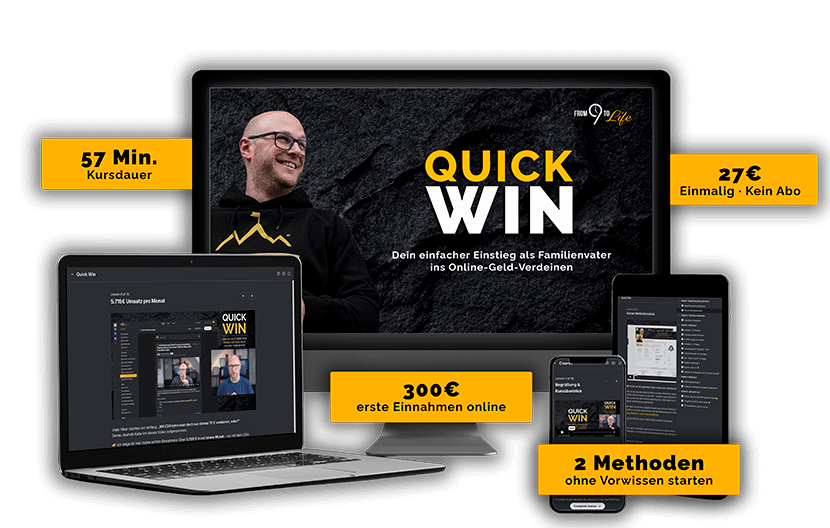 Collage von Laptop, Tablett, Iphone und Monitor mit verschiedenen Screens aus dem Quick Win Kurs